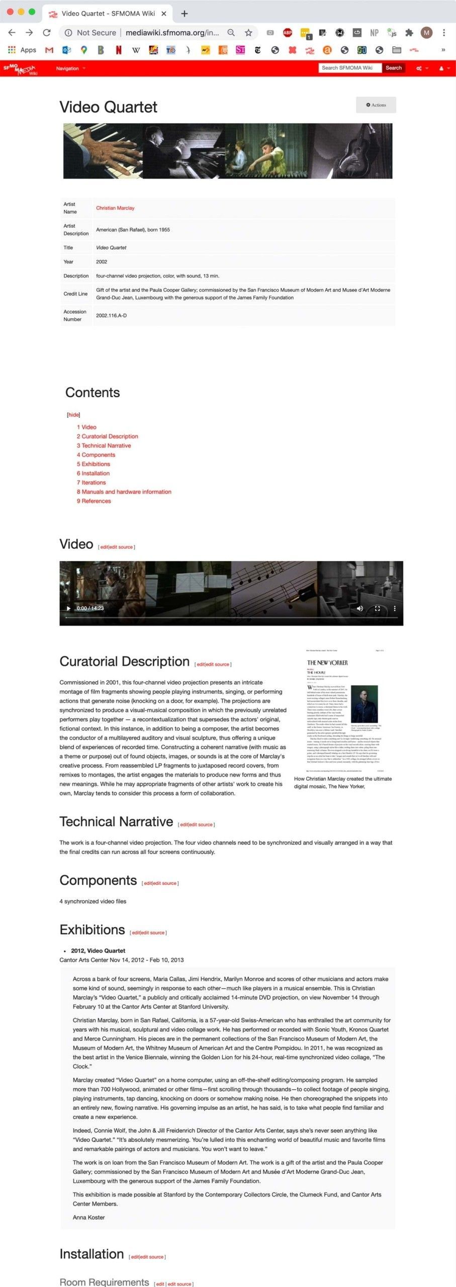 Figure 5. View of the Video Quartet artwork page on SFMOMA’s MediaWiki documentation platform.
