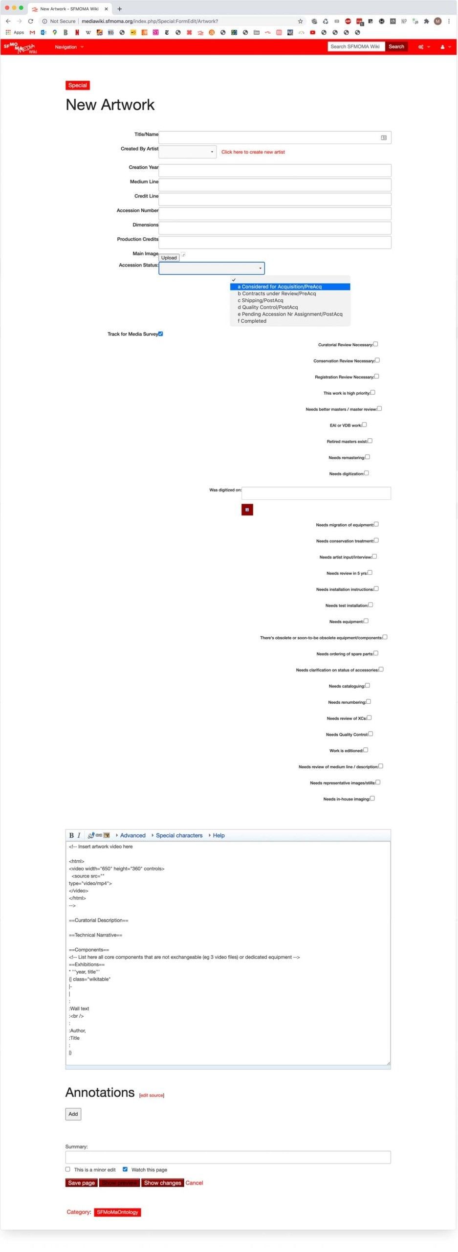 Figure 7. View of the artwork page form in the MediaWiki, which allows tracking media survey data and accession status. All entries are converted into semantic statements upon saving, which can be retrieved via semantic query.